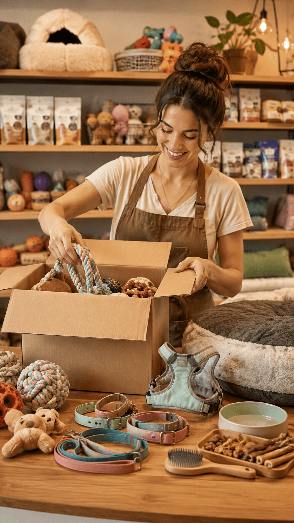 Pet products seller unpacking resale-ready pet accessories